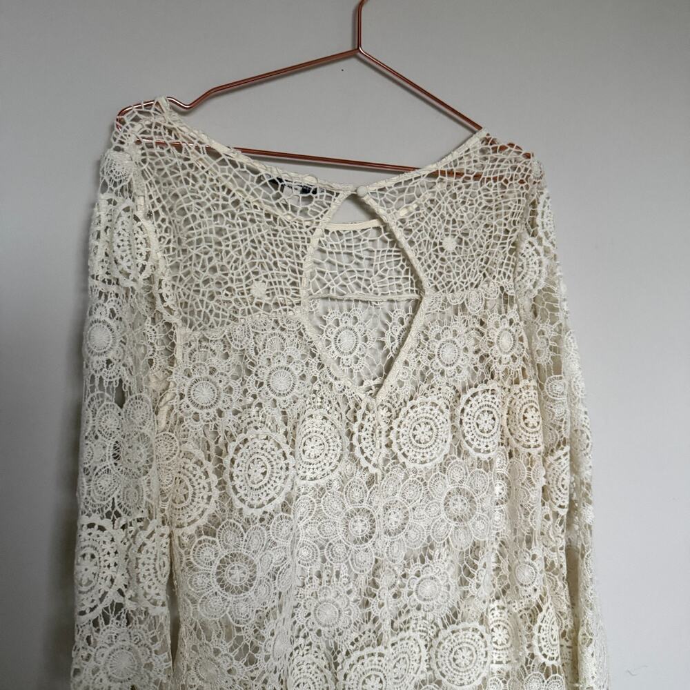 American Eagle Women Dress Large Ivory Bell Sleeve Boho Festival Crochet Cowgirl - Picture 7 of 8